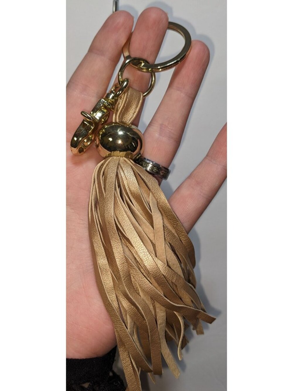 Gold & Tan Faux Leather Tassel Keychain With Clip & Ring 8.5 Inches Long